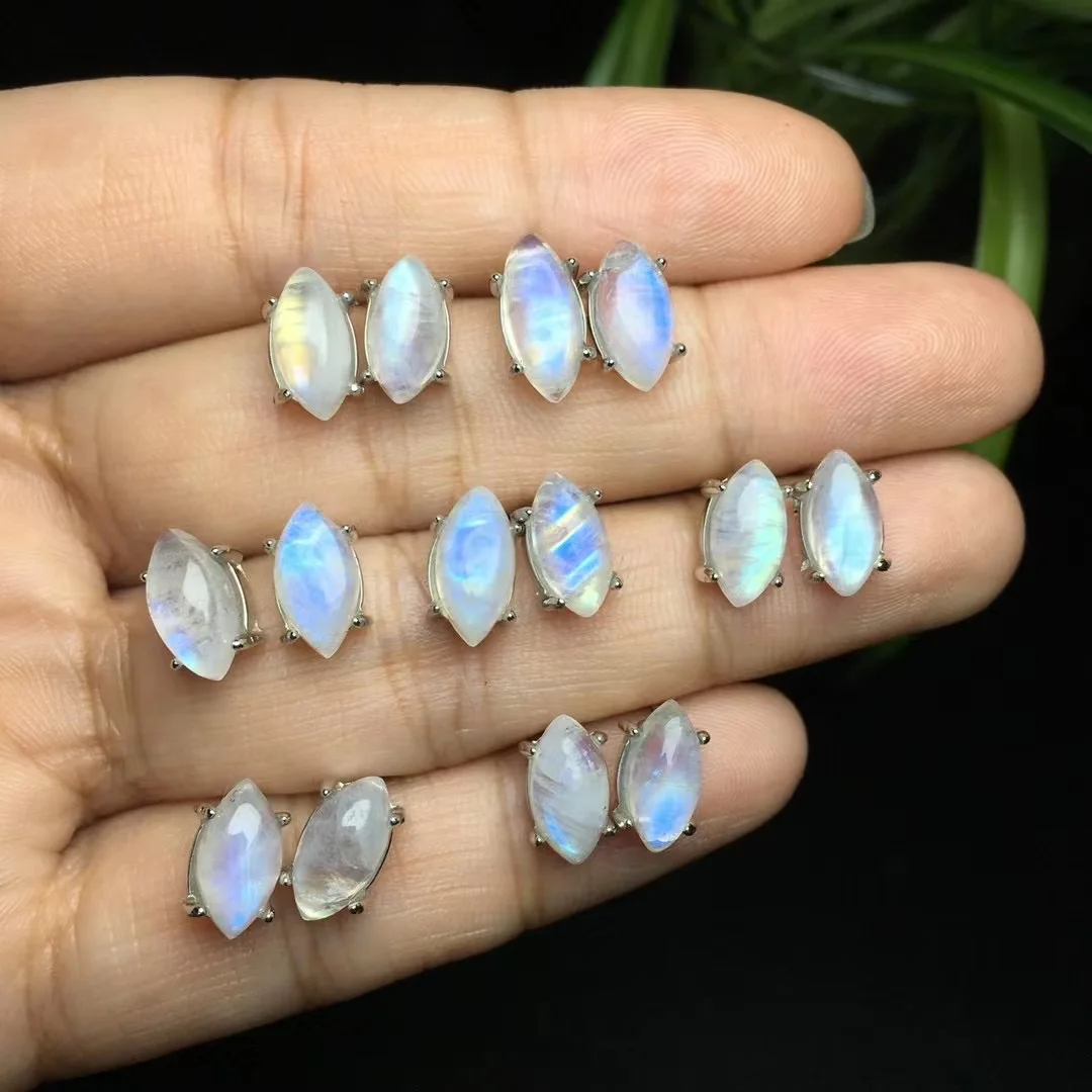 1 Pair Fengbaowu Natural Stone Rainbow Blue Moonstone Cabochon Marquise Horse Eye Earring 925 Sterling Silver Jewelry Gift Women