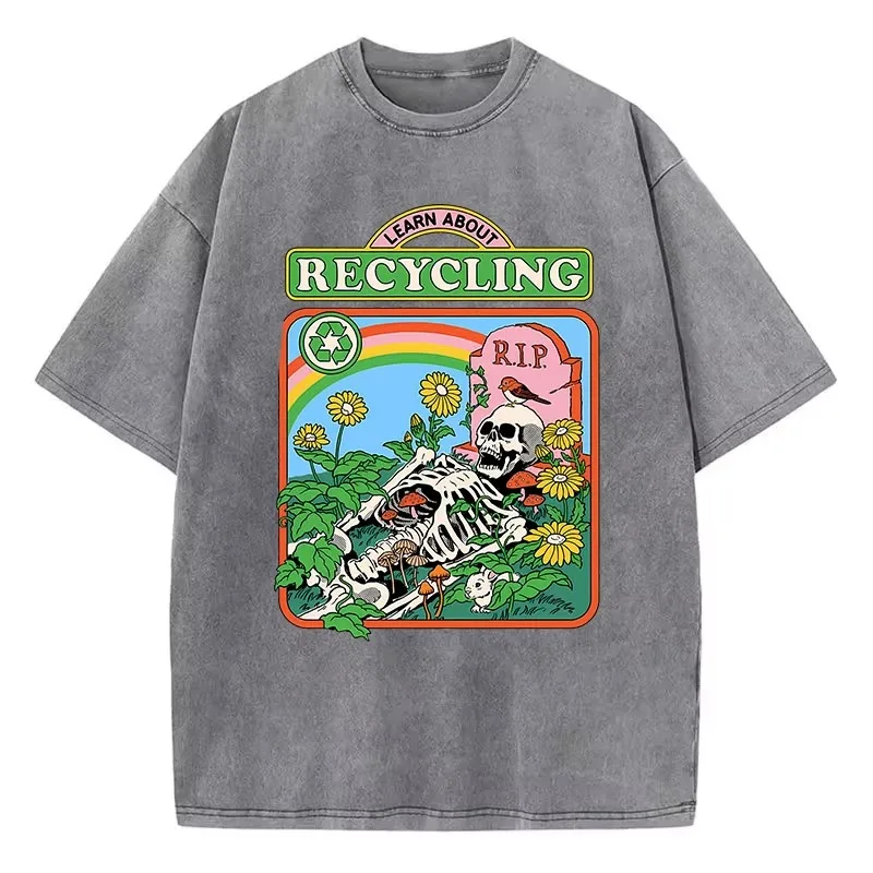 2026 New Retro Cartoon Skull Pattern T-Shirt, Washed Pure Cotton Print, Casual Street Style Trendy Men's and Women's Fashion Top