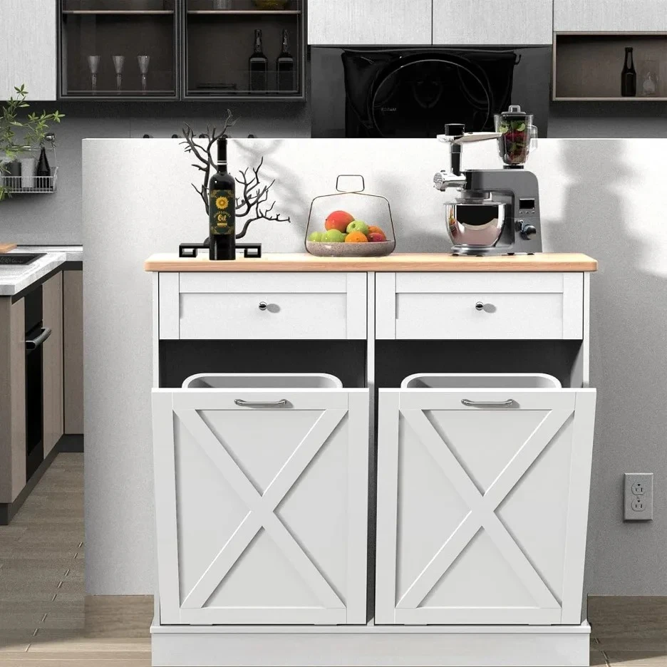 

USA Shipping Double Tilt Trash Cabinet Can Bin Kitchen 20 Gallon Wooden Standing Laundry Sorter Recycling Cabinet Hideaway Draw