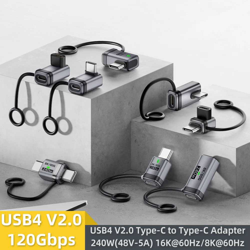 

USB4 V2.0 120Gbps Type C 90 Degree Adapter 240W 5A Fast Charging 16K@60Hz Data OTG Converter for MacBook Laptop Phablet Phone