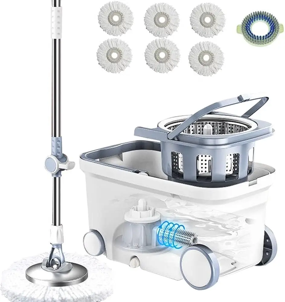 

Spin Mop Bucket Deluxe 360 Spinning Floor Cleaning System with 6 Microfiber Replacement Head Refills,62" Extended Handle,4X Whee