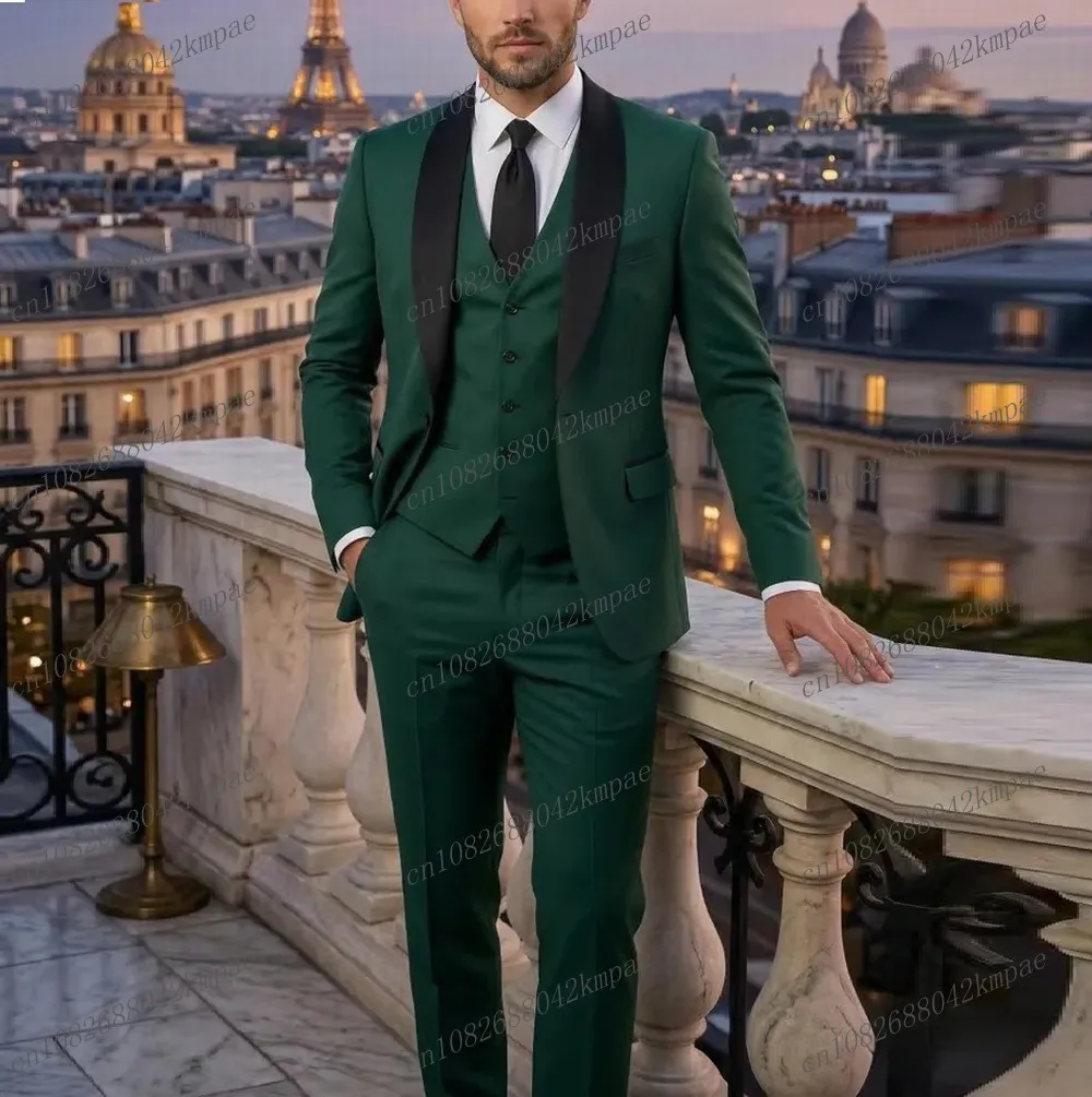 

Black Collar Dark Green Men Suit Formal Groom Groomsman Wedding Party Prom Male Business Tuxedos 3 Piece Set Blazer Vest Pants