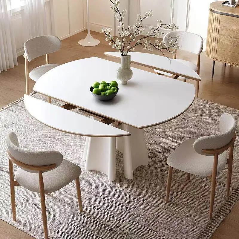 

Французский обеденный стол из каменной плиты кремового цвета, квадратной и круглой формы, двойного назначения, с выдвижной столешницей, в комплекте со стульями, для дома.