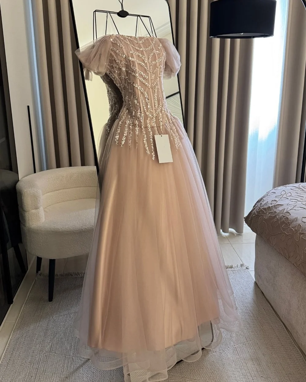 

Customized Exquisite Net Pleat Sequined A-line Off-the-shoulder Long Bespoke Occasion Evening Dresses Formal