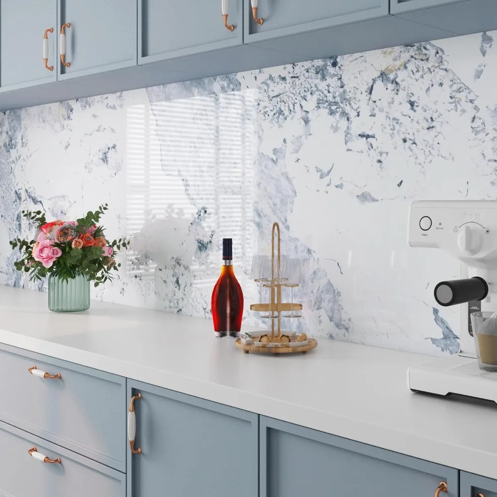 ورق اتصال قابل للتقشير واللصق بنمط الرخام الأبيض والأزرق المقاوم للماء لأسطح المطبخ، مقاس 30 × 200 بوصة، سهل التركيب، Dur