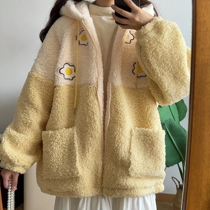 Patchwork Hooded Women Jackets Lamb Wool Kawaii Sweet Sweatshirts Japanese Outerwear Preppy Style Contrast Color Coats Y2k