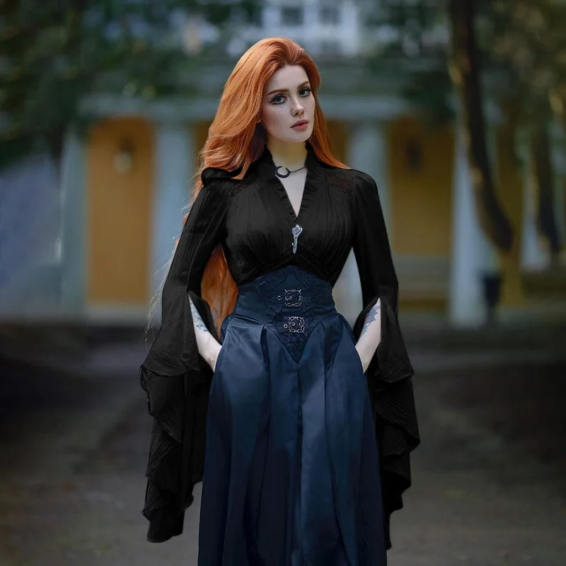 Goth Dark Vintage Fashion Blouses Shirts Women Batwing Sleeve Mall Gothic V-Neck Slim Shirts Tops Embellished Halloween Clothes