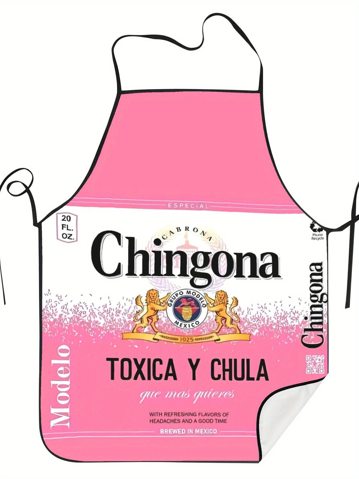 Chingona Pink Beer Label Print Apron Waterproof Funny Sarcastic Kitchen Cooking Bib for Men Women Household Cover