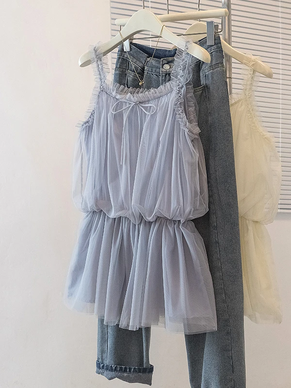 

Elegant Summer Korean Style Knot Backless Mesh Top Women's Strap Vest Gown Breathable Regular Fit A-Line Narrow Strap