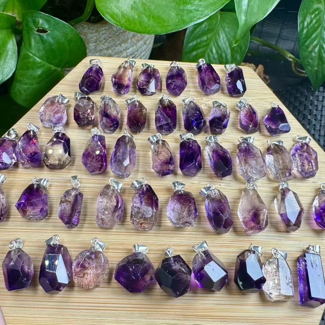 1 Pc Fengbaowu Natural Purple Rutilated Quartz Super 7 Pendant 925 Sterling Silver Irregular Shape Crystal Healing Stone Gift