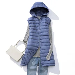 Gilet en duvet de canard ultra léger pour femme, vestes longues à capuche, gilet sans couture, doublure chaude, 2024 fibre, automne et hiver, 0-10 ℃