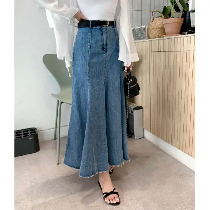 2024 Autumn New Women's High-waisted Fishtail Skirt Half-length Skirt Pieced Lotus Leaf Denim Skirt