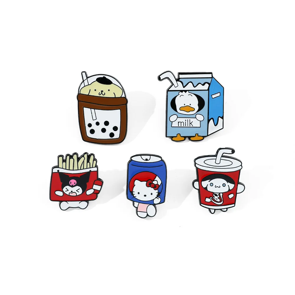 

Sanrio Cola Hello Kitty Cinnamoroll Fries Kuromi Enamel Pin Tea with Milk Pompompurin Metal Badge Brooch Jewelry Gifts