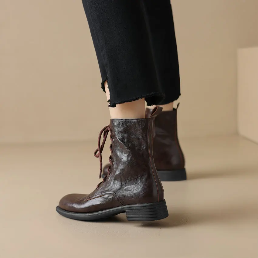 Qutaa 2024 retro gekreuzte Frauen Stiefeletten dicke niedrige Absätze Echt leder Reiß verschluss Schuhe Frau Herbst Winter Größe 34-39