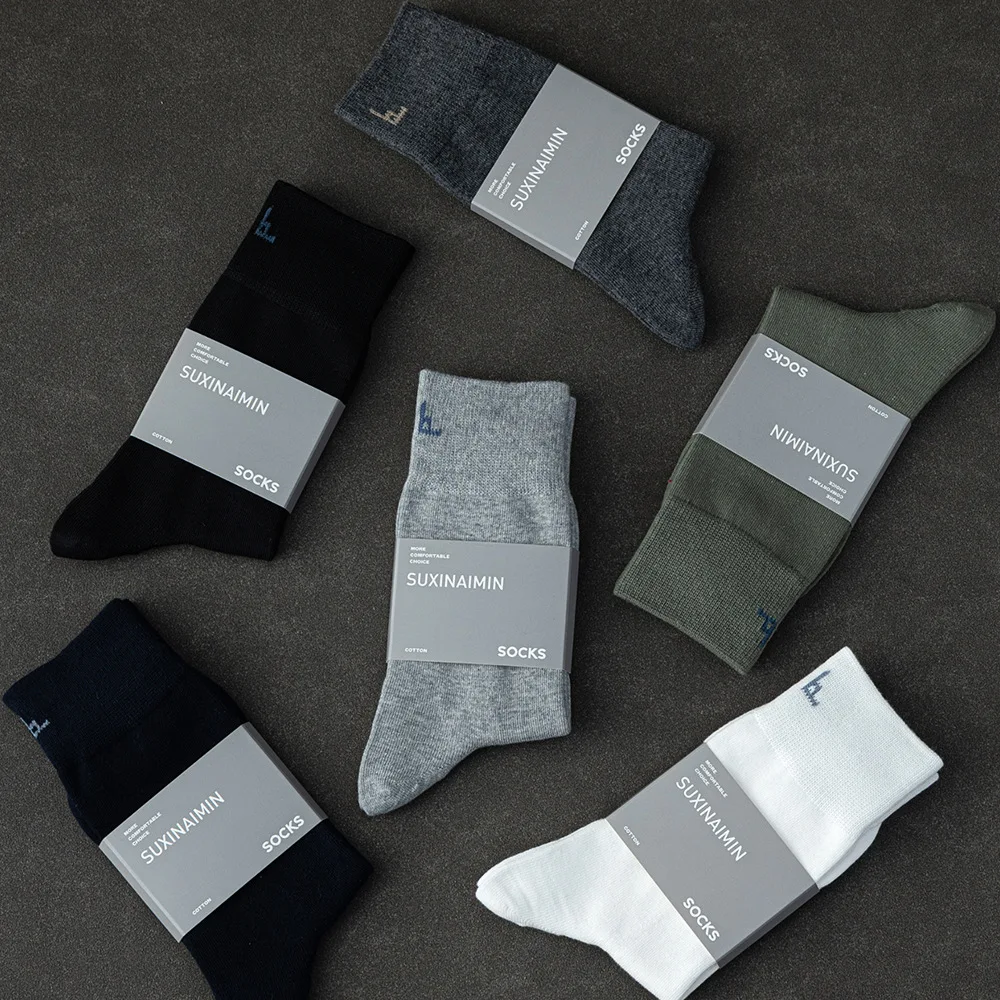 6 Pairs Men's Spring and Autumn Pure Color Mid-calf Breathable Anti-odor Business Socks Adult Cozy Cotton Socks High Quality