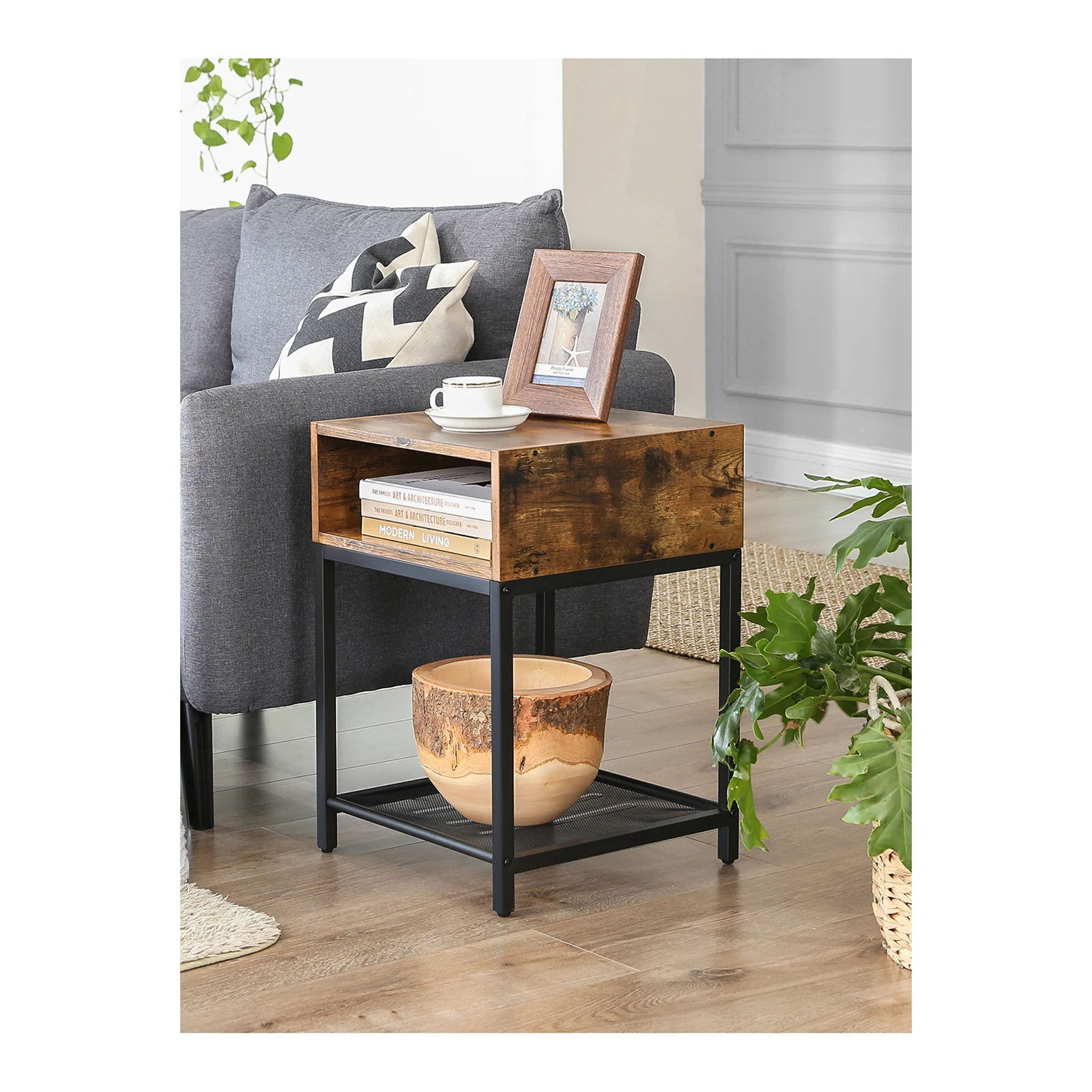 VASAGLE Nightstand, End Table with Open Compartment and Mesh Shelf, for Bedroom, Living Room, Easy Assembly, Space Saving