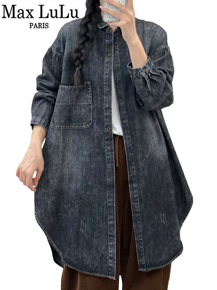 Max LuLu 2024 Fall Long Clothes Womens Fashion Loose Vintage Ripped Denim Trench Coats Ladies Casual Classic Luxury Windbreakers