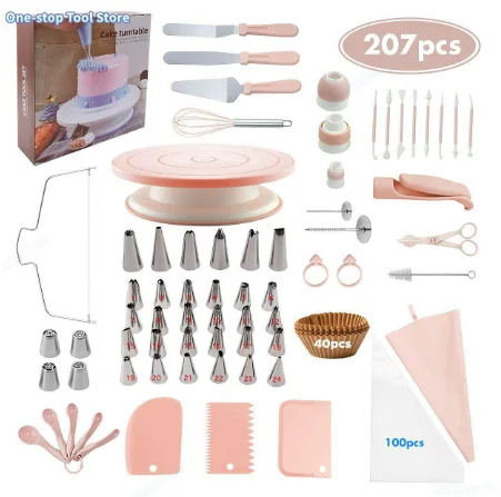 207PS Kuchendekorations-Set – rutschfester Drehteller mit 14 Rohrspitzen, Schaber und Werkzeugen für professionelles DIY-Backwerkzeug-Zubehör