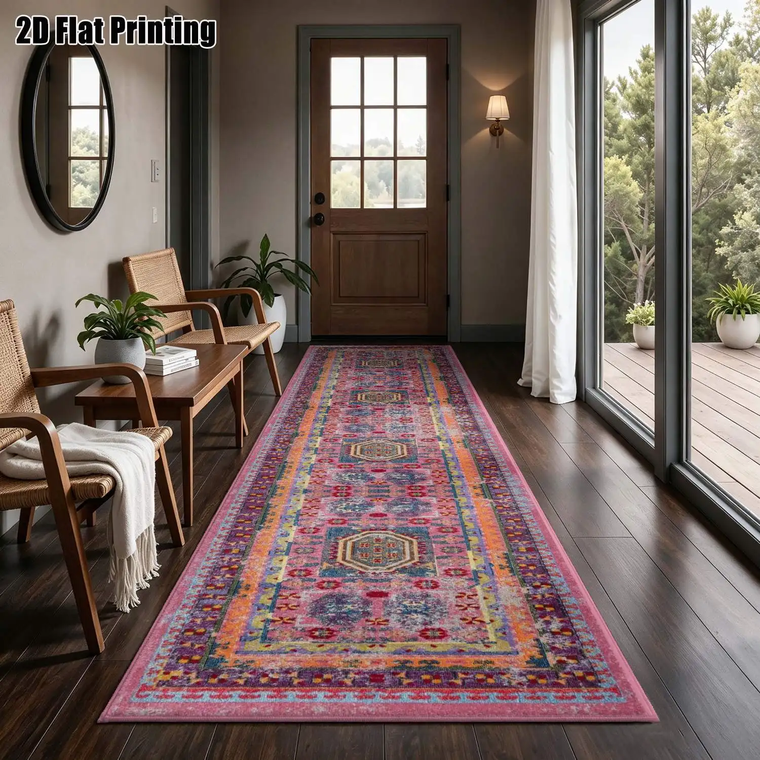 1Pc 2D Printed Long Strip Runner Rugs, Pink Geometric/European/Bohemian/Vintage Styles, Home Decor, Multi-Size, Machine Washable, for Entryway, Hallway, Living Room, Bedroom