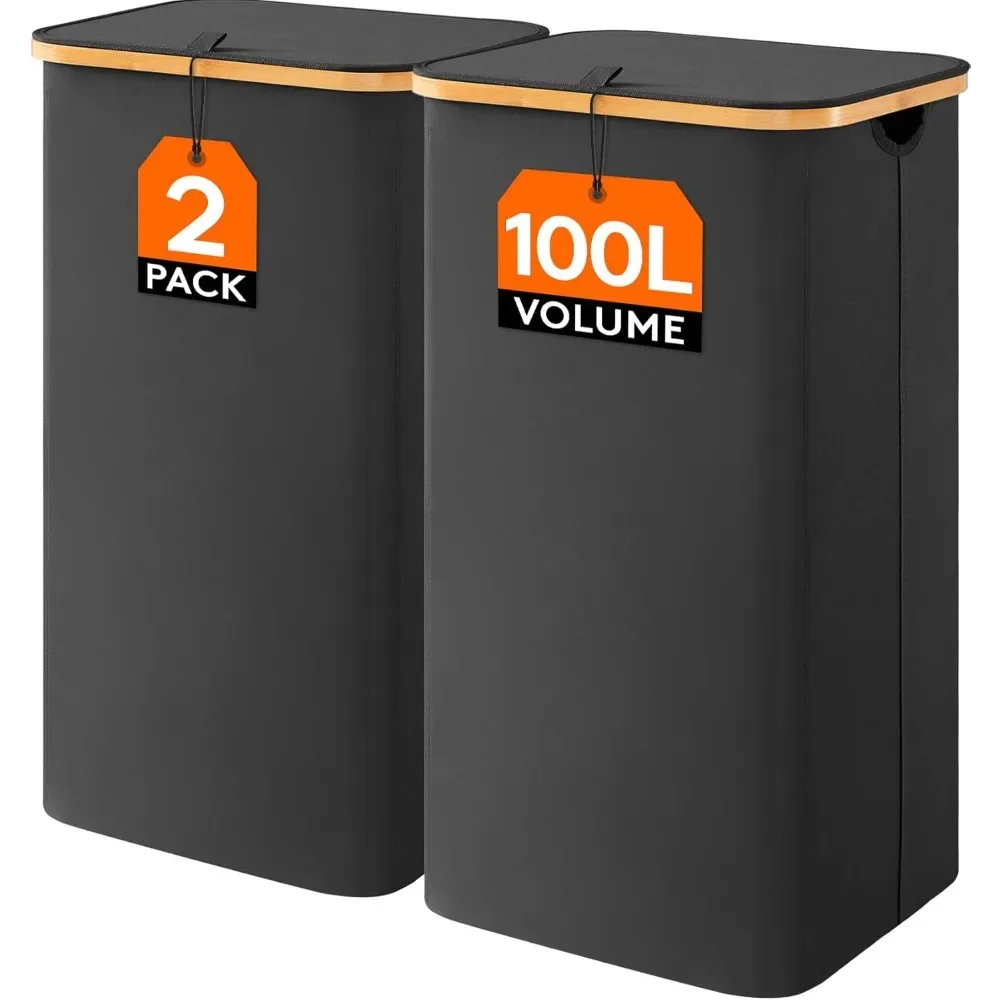 

Lifewit 100L Laundry Basket with Lid, Clothes Hampers for Laundry with Bamboo Handles and A Removable Laundry Bag, Large