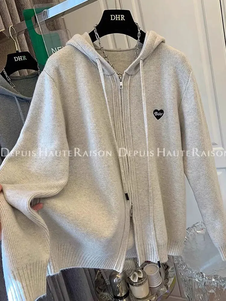 Soft Cozy Heart Zipper Hooded Knitted Cardigan Women's Loose Casual Long Sleeve Top Elastic Waist Slimming Outerwear Sweater