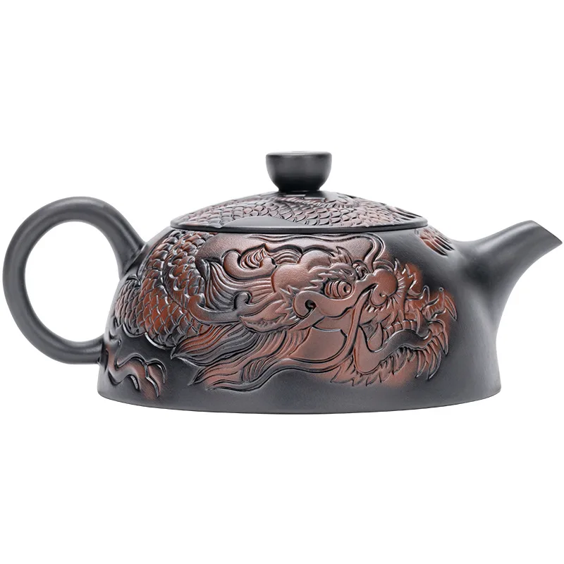 Purple pottery teapot Household ceramic purple clay pot Ceramic single pot kung fu tea set carved relief purple pottery pot