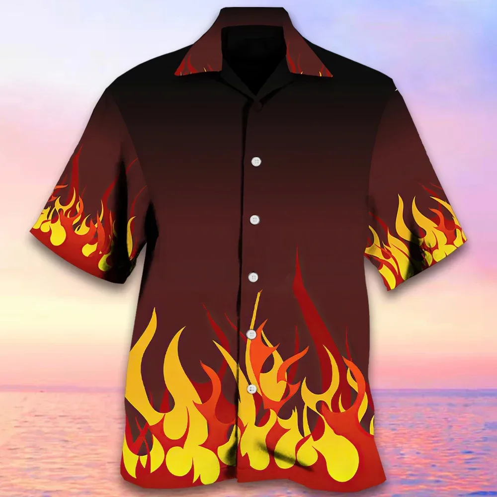 MEN's Hawaii Shirts Fire Flame 3 d Print Shirts Men Women Fashion Oversized Blouse Men's Lapel Shirt Beach Camisas Men's Clothin