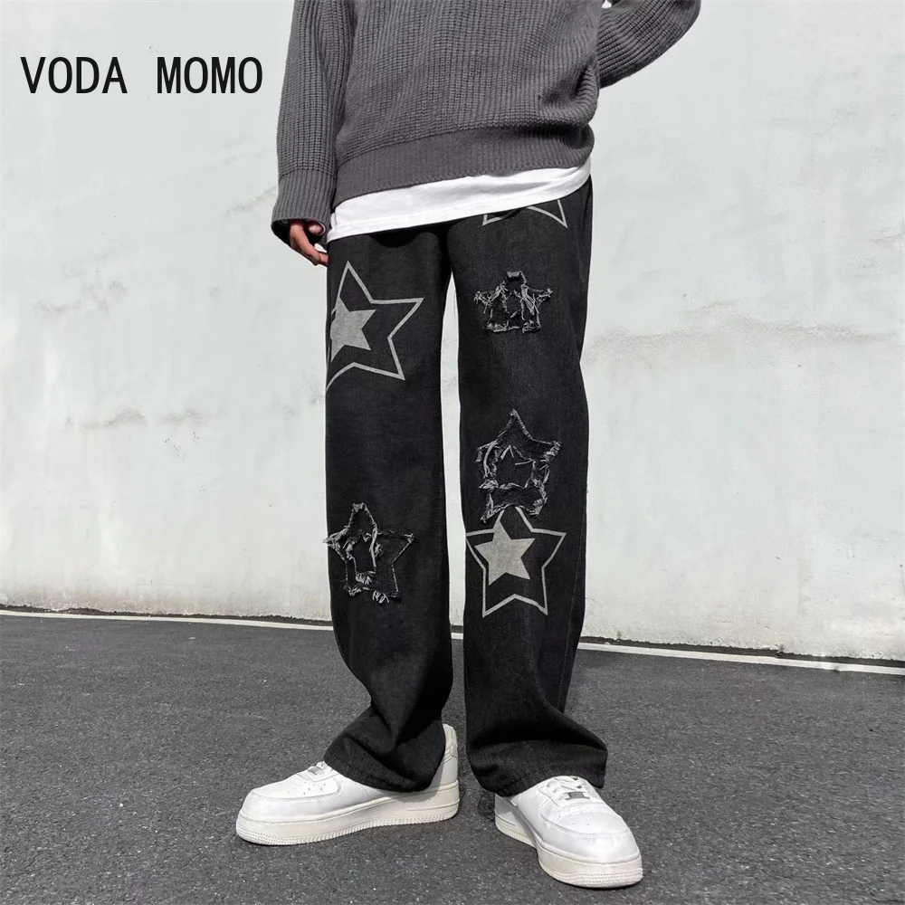 High Street Men's Jeans Star Patchwork Print Loose Denim Trousers All-match Straight Casual Pants New Man Jeans