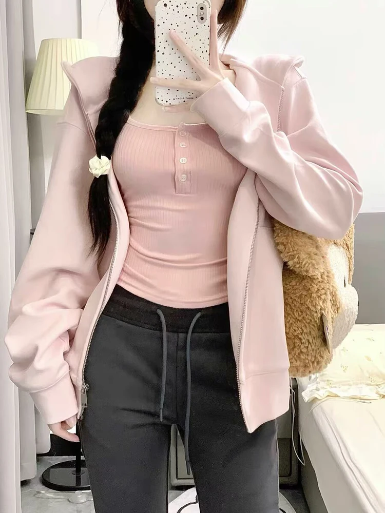 

Yaphleet Vintage Girls Y2K Sweet Pink Stitch Hoodie 2024 Spring Fashion Ladies Soft Cotton Hoodies Cute Clothes for Women Outfit