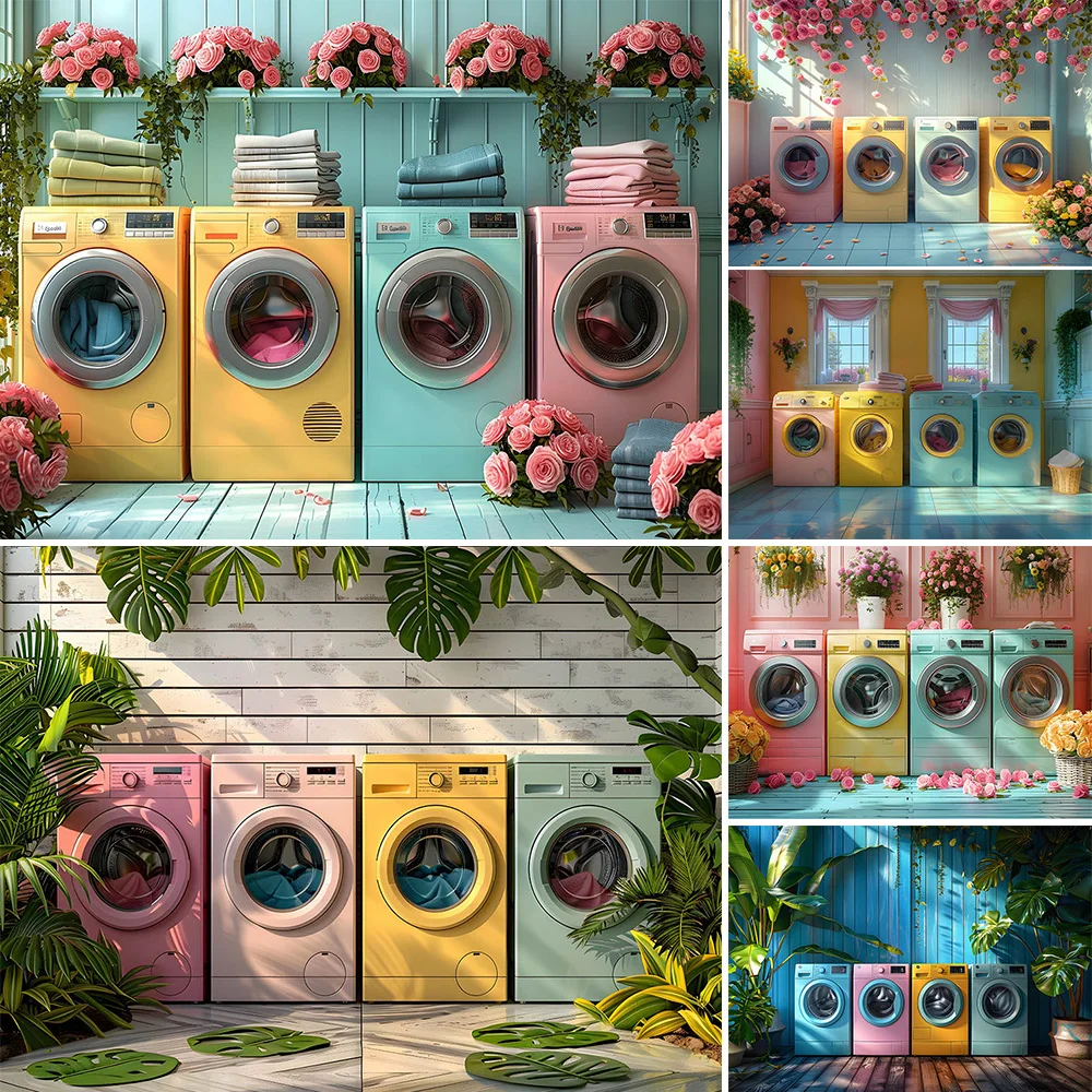 Photography Background Studio Laundry Day Colorful Washing Machine Backdrop Decor Indoor Flowers Potted Summer Kids Photo Studio