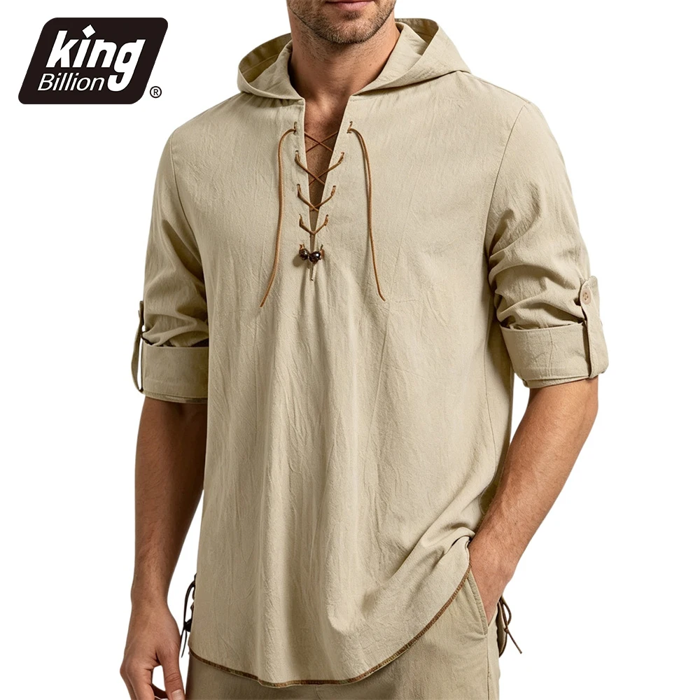 Men's Vintage Pirate Shirt Long Sleeve V-neck Solid Color Breathable Lightweight Hooded Design Fashion Lace-up Party Costume