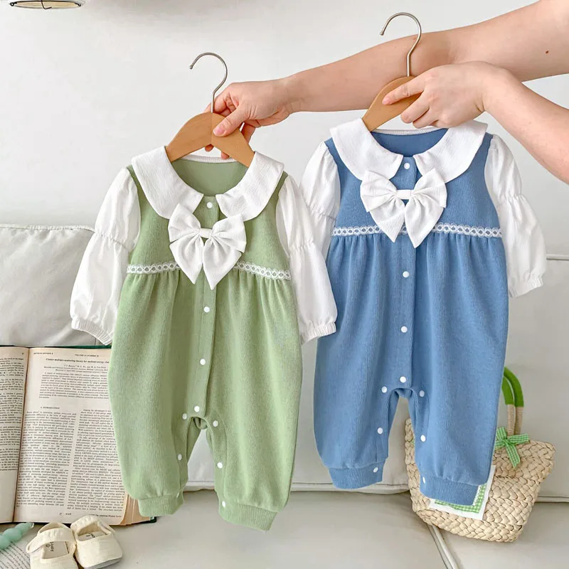 INS Autumn Newborn Baby Girl Romper 0-3Years Princess Kids Long Sleeve Peter Pan Collar Bow Jumpsuit Playsuit Outfits Clothes