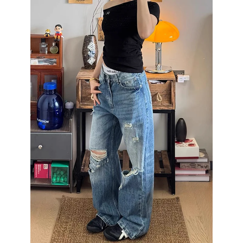 

ZHIZOU Синие Джинсы Женские Джинсовые Рваные Уличные Брюки Широкие Брюки Длина Пола Брюки Y2K Свободные Повседневные Прямые Брюки С Высокой Талией