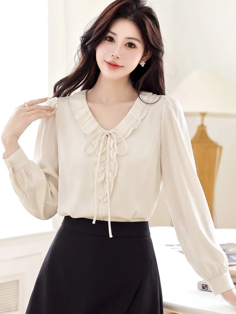 Elegant Slimming V-Neck Long Sleeve Pure Color Wrap Neckline Chiffon Top Women Spring Autumn Fashion Stylish Straight Cut Blouse