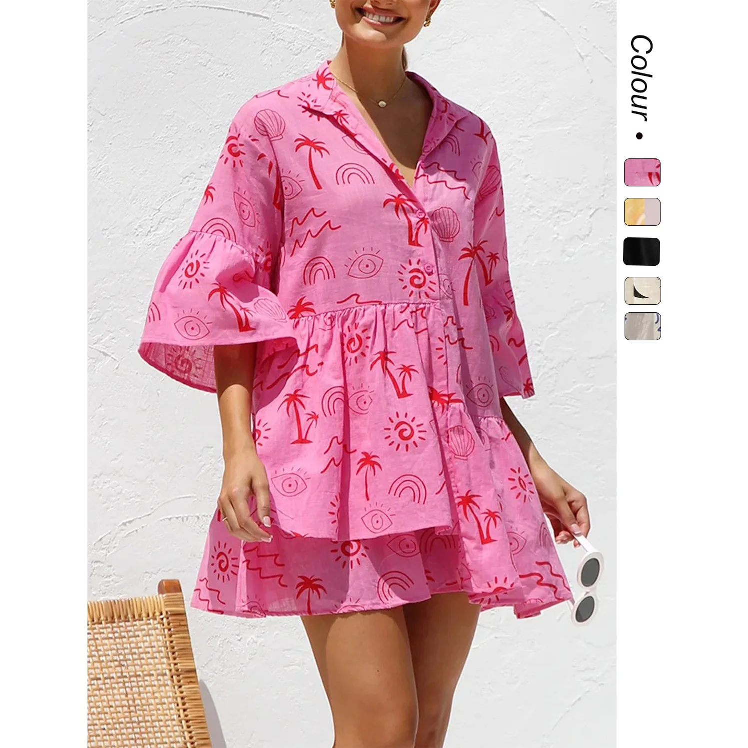 Robe courte chemise ample ethnique à manches évasées, confortable et simple