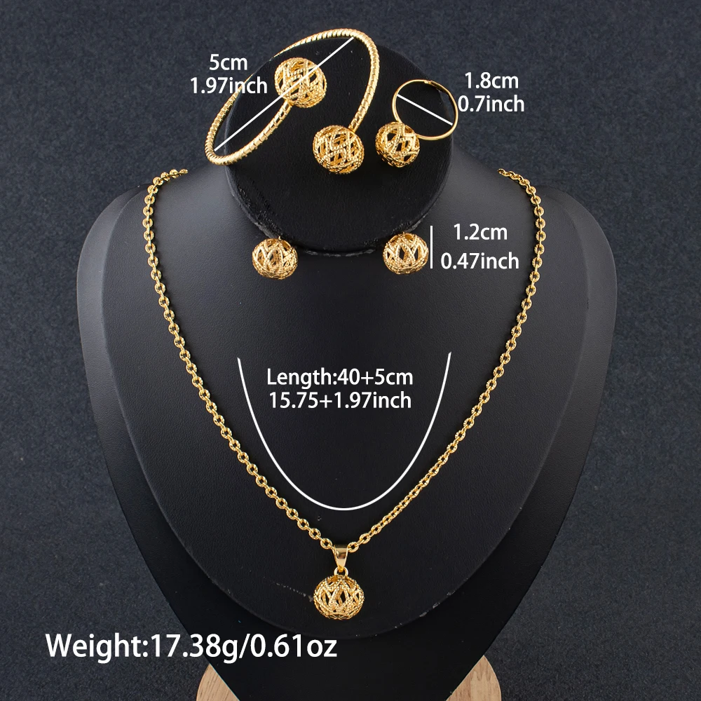 Edelstahl 4-teiliges Schmuckset Metall Hohlblumen-Kugel Halskette Ohrringe Armband Ring Ethnischer Stil Schmuck Geschenke – Detail 2