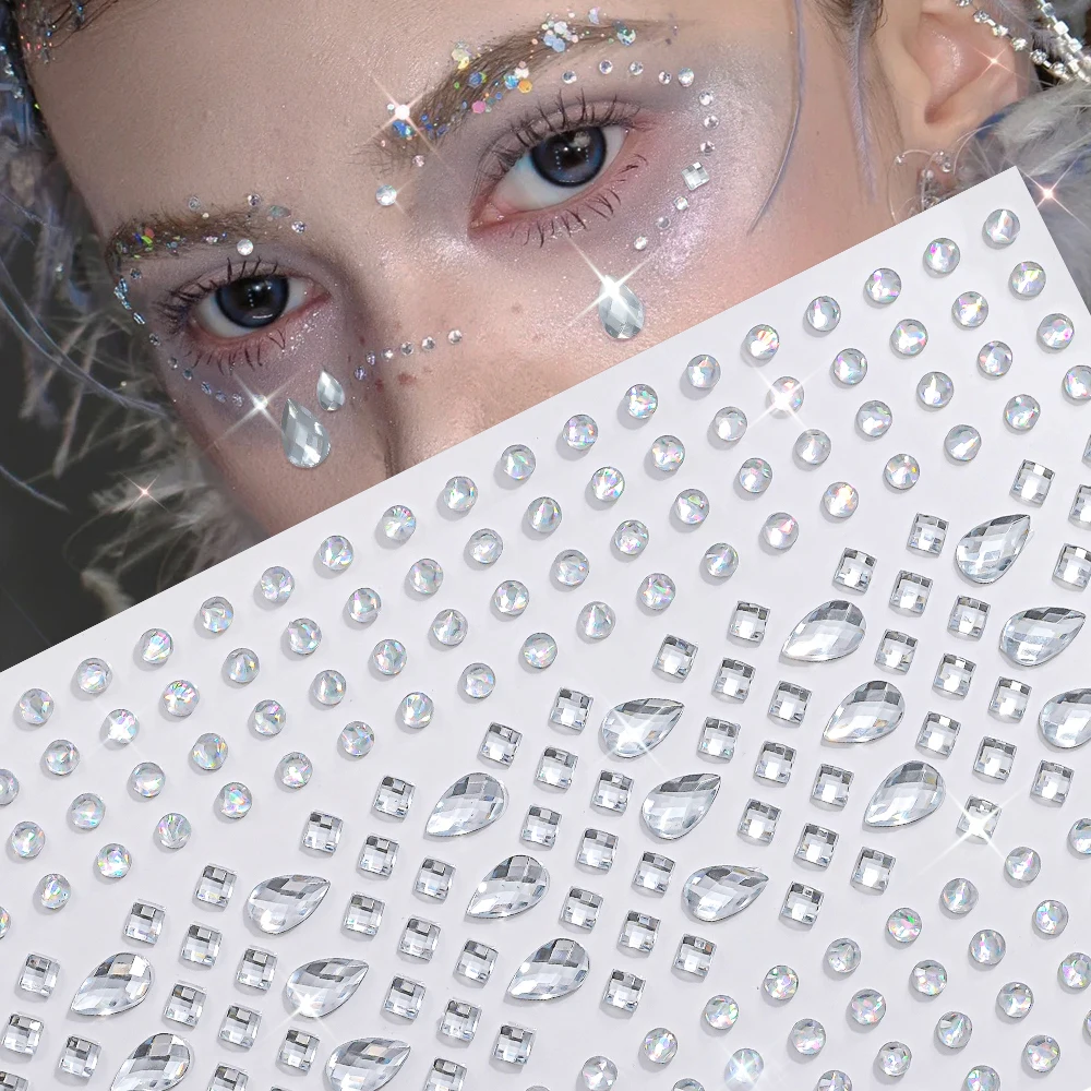 1pc 3D Holographic Bohemian Face Stickers Fantasy Tear Drop Rhinestone Face Gem Sticker Sparkly Diamond Eyes Face Makeup Sticker - view 3