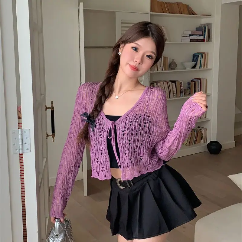 Hollowed Out Women's Knitted Shirt Long Sleeved Thin Loose Tie Up Design High Quality Trendy Knitwear Tops Classic Purple