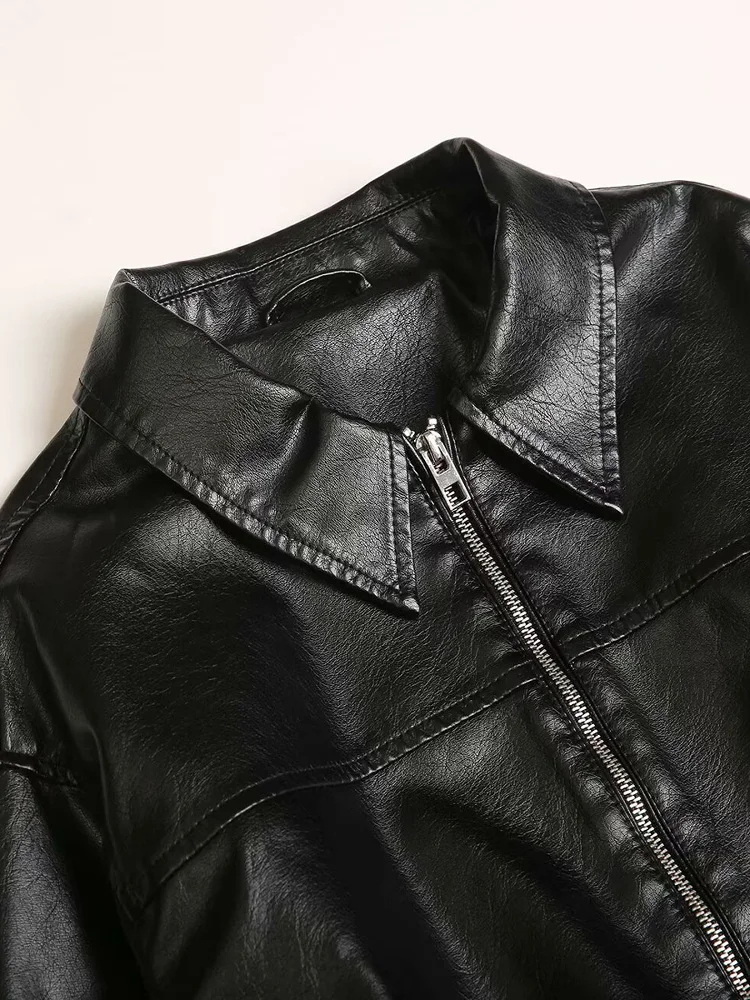 Primavera 2025 Nuovo Retro Ecopelle Jaet Street Sle da donna Loose Fit Lungo Sve Chiusura con cerniera Cappotto pilota Capispalla alla moda
