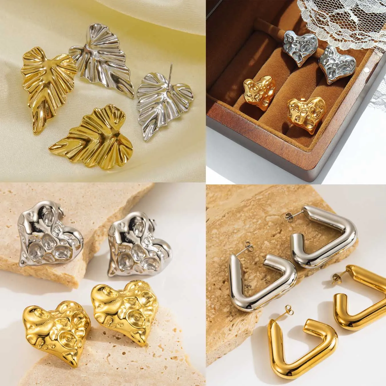 CARLIDANA Multi-Style Waterproof Charm Love Jewelry Stainless Steel 18K Gold Plated Heart Texture Leaf Stud Earrings Women