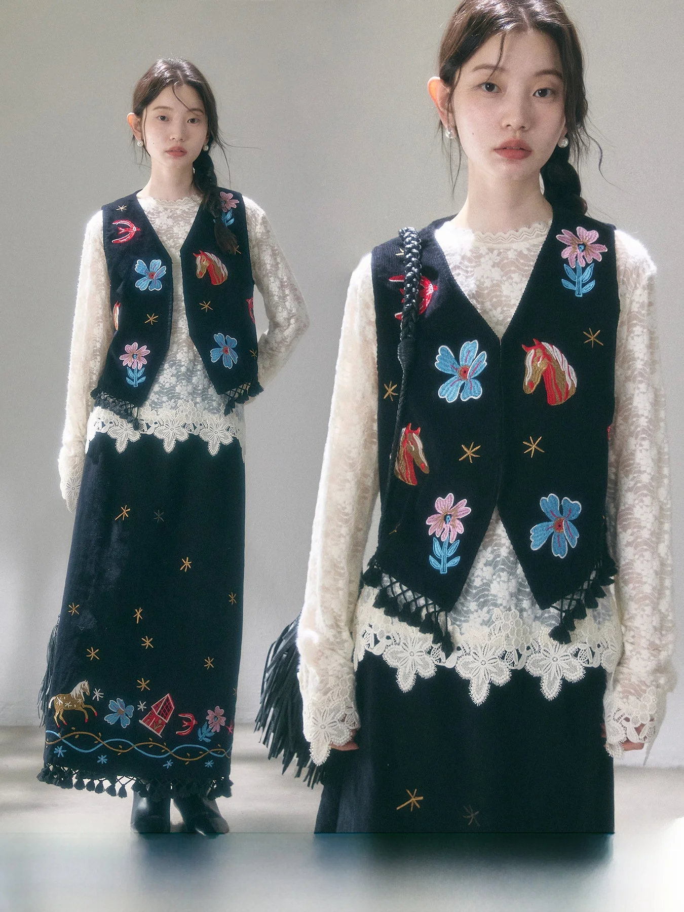 

Uare Original Design Embroidered And Bird Vest And Skirt Set Vintage Sle Breathable Cotton Casual Low Waist H pe