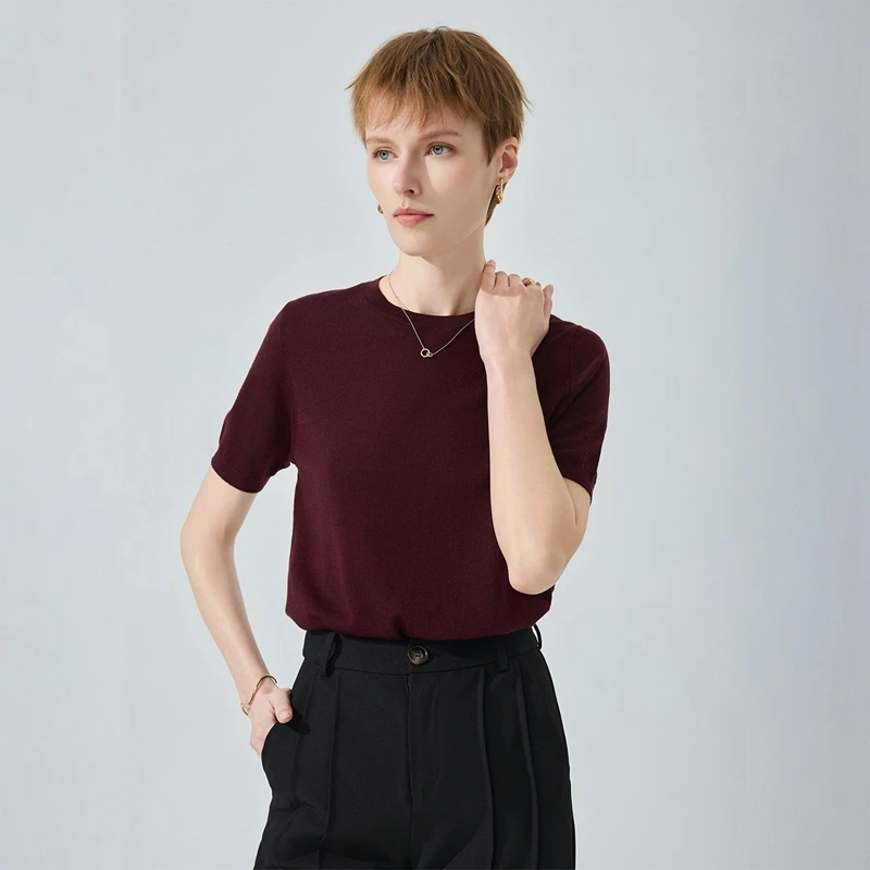 

100% Merino Wool Women O-Neck Sweater Spring Autumn Short Sleeve Pullover Solid Color Knitwear Female worsted wool Tops