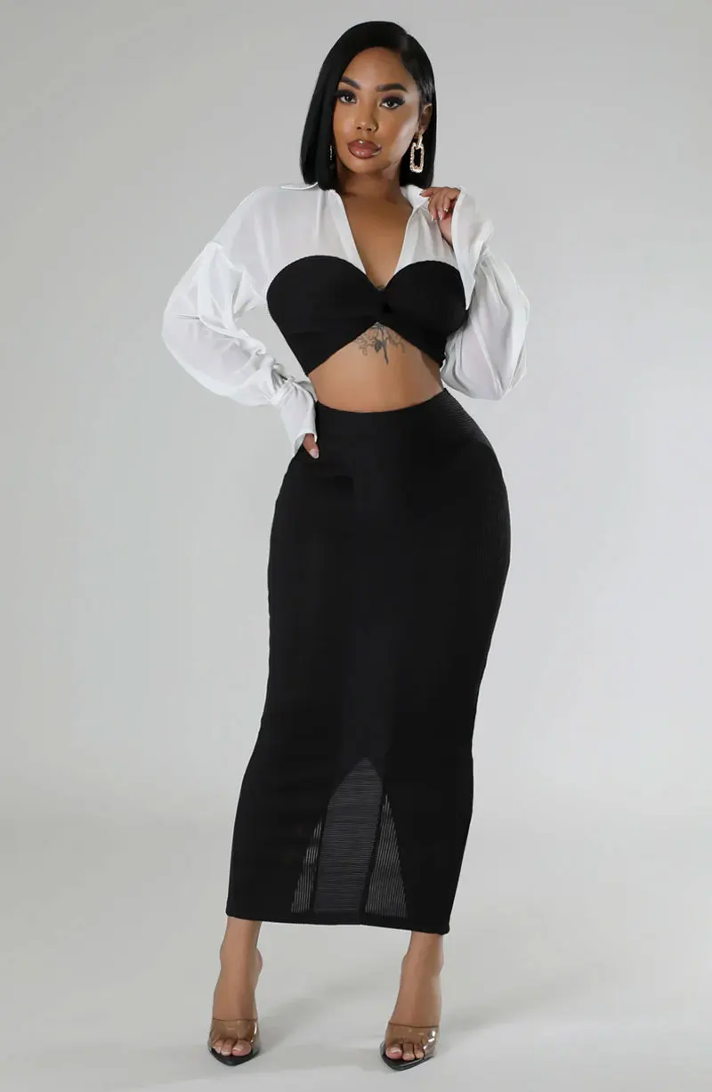 

Womens Two 2 Piece Sets Spring Summer Long Sleeve Shirt And Split Long Skirt Suit 2025 Streetwear Sexy Night Club Party Outfits