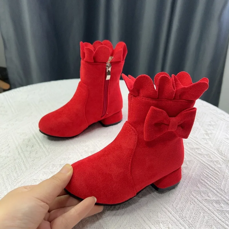 

New Girls Leather Boots for Princess Toddlers Fashion Children's Ankle Boots Wedding Party Sweet Bowknot Kids Boots with Heels