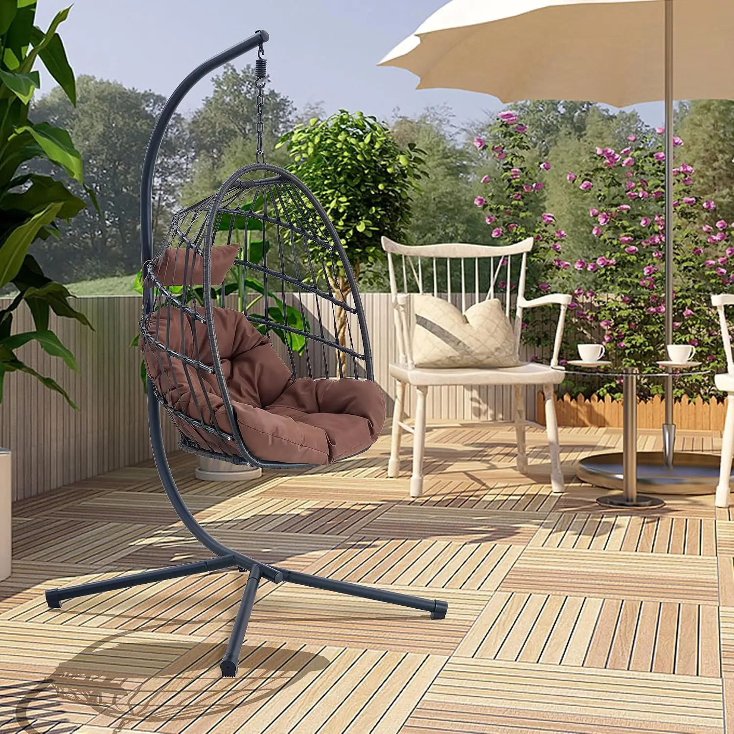 Faux Rattan Wicker Hanging Egg Chair, Soft Cushions, Titanium Frame, UV-Resistant, 350 lbs, Patio Garden Balcony, Customized