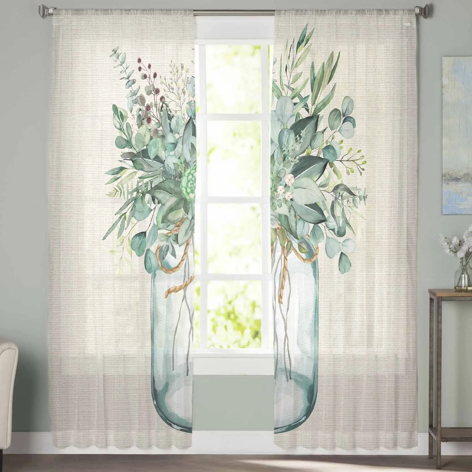 Summer Eucalyptus Leaves Triangle Tulle Sheer Window Curtains For Living Room Kitchen Children Bedroom Voile Hanging Curtain