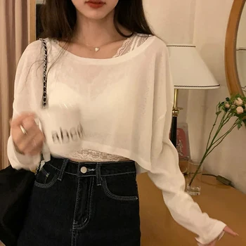 여성용 흰색 티셔츠, 루즈 캐주얼 얇은 투명 크롭탑, 한국 간단한 자외선 차단 스트리트웨어, 긴 소매 티, 여름 패션