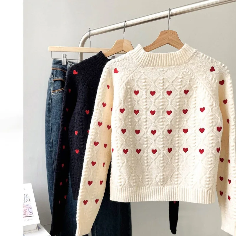 O-neck LOVE Embroidered Sweater Women Autumn Winter Loose Fashion Long Sleeve Knitwear Sweet All-match Office Lady Knitting Tops