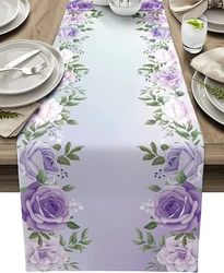 Violet Floral Leaves Linen Table Runner Holiday Party Decoration Washable Purple Flower Table Runner Kitchen Table Wedding Decor