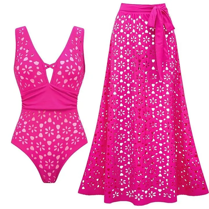 Flaxmaker-bañador y faldas huecos de Color sólido, traje de baño Sexy con cuello de pico, traje de baño de una pieza con láser, Monokini, traje de baño sin espalda